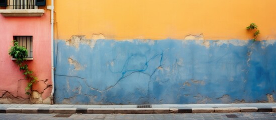 Canvas Print - A rectangle of electric blue paint flows fluidly on an orange wall, contrasting with a pink building in the background against the water horizon