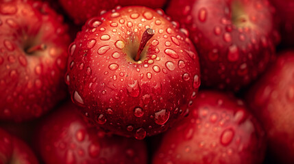 top views of fresh green, red and pink applets fruits with visible water drops