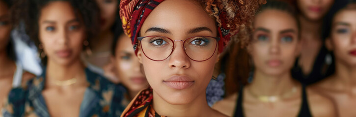 Wall Mural - A close up portrait of a beautiful young woman wearing glasses and a head scarf standing in front of other multicultural women. They all have different hair styles, some with curly blonde