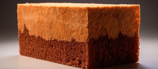 Wall Mural - A closeup photo of a piece of cake placed on a rectangular table made of hardwood with brickwork flooring. The table is stained with wood stain and constructed with plywood as the main ingredient