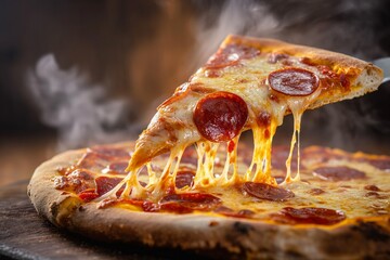 Close-up of a hot pepperoni pizza slice with melting cheese and steam rising, concept of indulgence and Italian cuisine