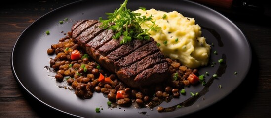Wall Mural - A delicious dish consisting of a black plate with a juicy steak, creamy mashed potatoes, and flavorful lentils. This cuisine features beef as the main meat ingredient