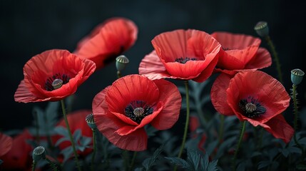 Red poppies on black background. Remembrance Day, Armistice Day symbol