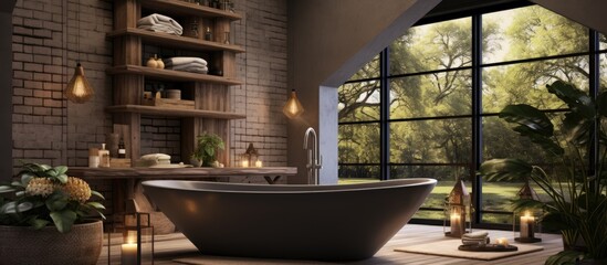 Poster - A building with a spacious bathroom featuring a large tub and a large window, allowing natural light to illuminate the room. The fixtures are made of wood, complementing the hardwood flooring