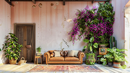 Vintage-style Decor with Green Plants, Wooden Furniture, and Elegant Wall Art in a Cozy Room