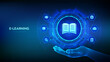 © iuriimotov - E-learning icon in wireframe hand. Innovative online education and internet technology concept. Webinar, teaching, online training courses. Skill development. Vector illustration.