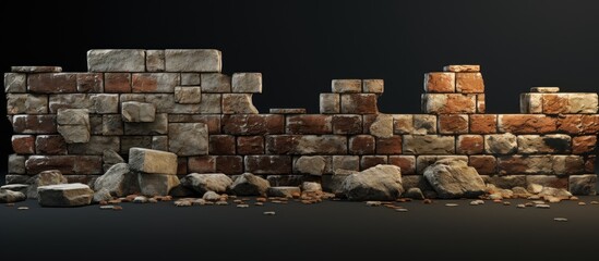Poster - A 3D model of a brick wall with rocks protruding, creating a unique facade for a building in the city. The design combines elements of nature and urban architecture