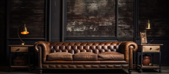 Poster - A brown leather couch is placed in a dimly lit room with hardwood flooring and a rectangle window. Additionally, there is a wooden door and a chair in the corner