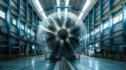 Wall Mural - Inside a power plant a massive turbine spins as sunlight captured by nearby solar panels is transformed into electrical energy. The scale and power of the process is evident