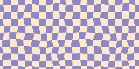 Wall Mural - Seamless purple checkerboard pattern. Repeating distorted checkered texture. Groovy trippy abstract background. Vintage retro style wallpaper for textile, fabric, wrapping paper. Vector check surface