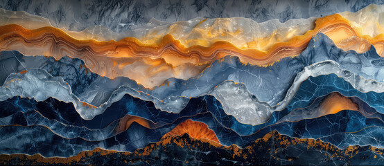 Wall Mural - Blue, white and orange marble design. Created with Ai