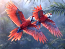 Two Macaw Parrots Flying In The Sky With Bokeh Background