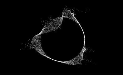Aufkleber - White dotted circular dissolving lines. Stipple disintegrating curved wavy circle in black background. Halftone grain textured sphere. Radial grunge noise particles or speckles. Vector dot work shape