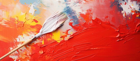 Poster - A brush is spreading red paint on a canvas, creating a beautiful painting. The artwork captures the essence of nature with vibrant colors like grass and petals