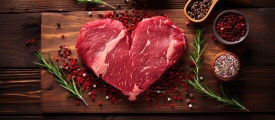 Sticker - A raw heartshaped steak made of red meat, placed on a wooden cutting board. This ingredient can be used in various pork dishes and recipes