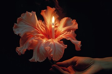 Wall Mural - Close-up of a flower being illuminated by candlelight.