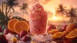Cold smoothie made from freshly fruits, served amidst a sunny array of citrus fruits and berries with a warm, tropical setting.