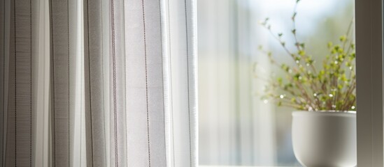 Poster - A potted plant in a vase sits on a window sill next to a window with white curtains, casting tints and shades of green onto the wood twig decor