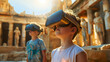 Children experiencing ancient ruins through virtual reality headsets, blending history and modern technology.