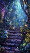A painting depicting a winding stairway nestled in a lush forest setting