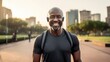 Smiling middle aged adult african american man walking in the park wearing headphones