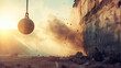 Wrecking ball strikes a wall with force, debris flying as sun floods the scene. Copy space.