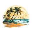 A beach scene with palm trees swaying in the breeze