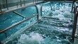 © Justlight - A view of a hydrotherapy pool with multiple jets and steps for patients to perform water exercises and improve mobility.