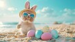 A rabbit wearing colorful sunglasses next to an easter egg