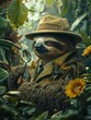 A detective sloth solving mysteries at a snail is pace with a magnifying glass in a lush jungle.