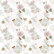 Rosehip pink flowers, red berries, leaves, white porcelain teaware and butterflies, watercolor seamless pattern on white