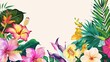 Horizontal white banner or floral background decorated with pretty colorful blooming flowers and leaves border. Spring botanical flat illustration on white backgroun,Generative ai