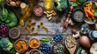 A vibrant display of organic superfoods, including nuts, seeds, vegetables, and oils, dietary supplement. Concept of integrative nutritionist, holistic therapist, health coach.