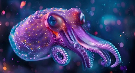 Wall Mural - Enigmatic squid with oversized eyes, drifting in the deep ocean twilight