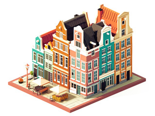 Amsterdam House building architecture with canal boats and trees in summer season holiday 3D isometric illustration on white background