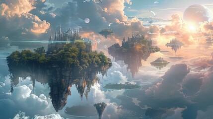 Surreal landscape of majestic floating islands amidst clouds reflecting a soft light, invoking a sense of fantasy and dream.