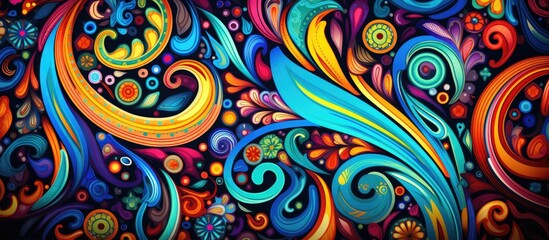 Poster - An intricate textile design featuring swirls and circles in electric blue and magenta on a dark background, resembling a colorful painting full of vibrant energy