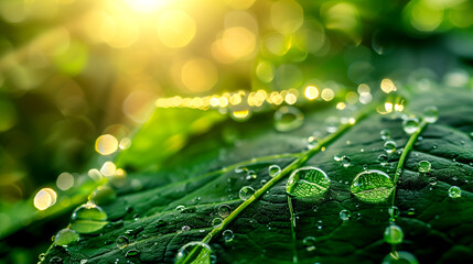 Poster - Transparent Drops of Water on a Green Leaf With Sun Glare