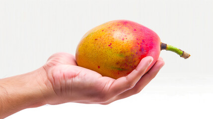 Wall Mural - Hand Holding Ripe Juicy Mango - White Background