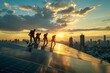 Group of solar panel technicians installing renewable energy systems on rooftops, harnessing the power of the sun to generate electricity against a backdrop of urban sprawl, Generative AI
