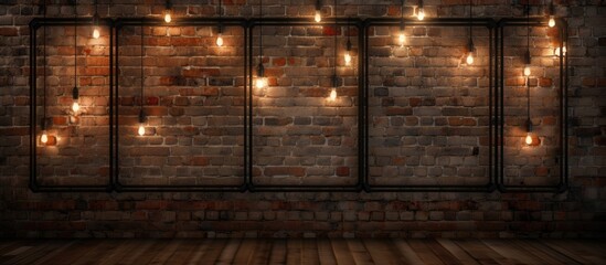 Poster - A room with brickwork walls, hardwood flooring, and a string of lights hanging from the ceiling creates a cozy and rustic atmosphere