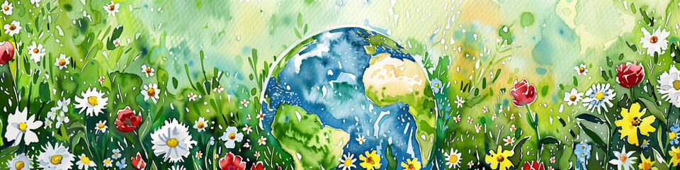 A watercolor painting depicting a blue earth surrounded by blooming wildflowers in a vibrant field. Earth day concept. Copy space. Banner. Background.
