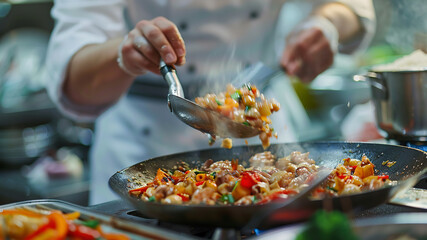 Wall Mural - close up of chef making delicious food in the restaurant kitchen, chef cooking in the kitchen, delicios foods in kitchen