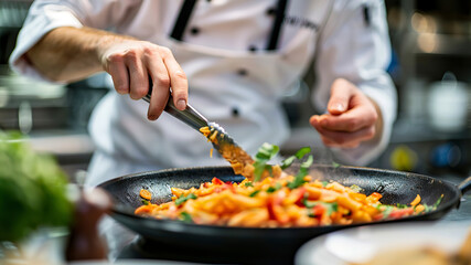 Wall Mural - close up of chef making delicious food in the restaurant kitchen, chef cooking in the kitchen, delicios foods in kitchen