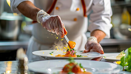 Wall Mural - close up of chef making delicious food in the restaurant kitchen, chef cooking in the kitchen, delicios foods in kitchen