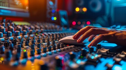 Wall Mural - Hand of sound engineer working on mixing console in recording studio, Generative AI illustrations.