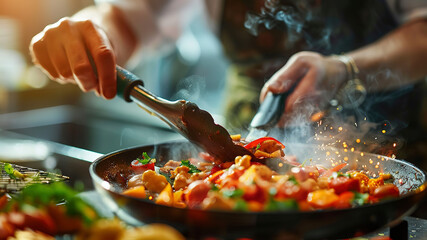 Wall Mural - close up of chef making delicious food in the restaurant kitchen, chef cooking in the kitchen, delicios foods in kitchen