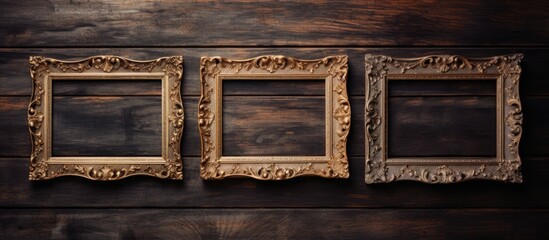 Poster - Three rectangular picture frames are suspended on a hardwood wall, creating a charming fixture against the brickwork facade