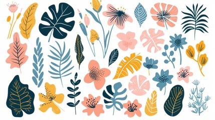 Abstract hand drawn botanical nature flowers and leaves contemporary modern trendy modern elements illustration.