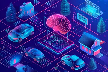 Poster - banner with artificial intelligence concept. modern illustration of network circuit connection, holo
